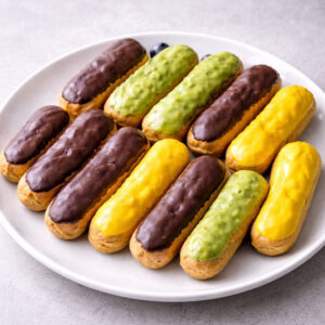 Surtido de éclairs de chocolate, vainilla, pistacho y café
